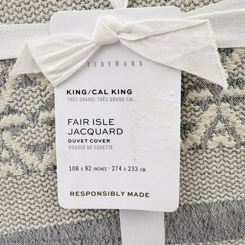 Pottery Barn Fair Isle Jacquard Duvet Cover King/Cal King Gray Cotton Linen NEW